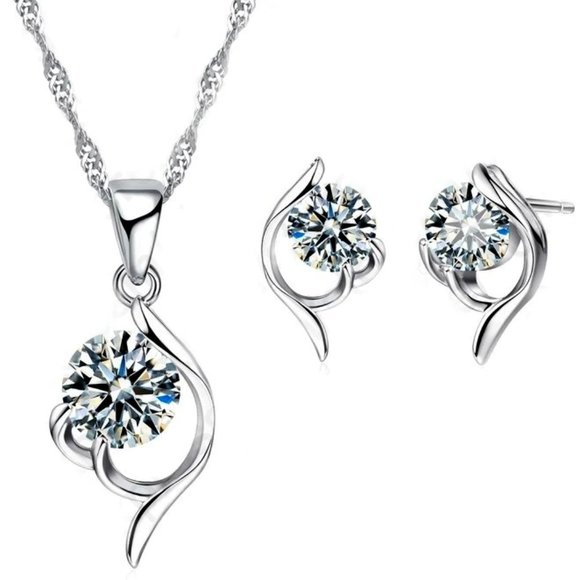 Jewelry - Stud 925 Sterling Silver Necklace With Earrings Set Spiral Luxury Gift